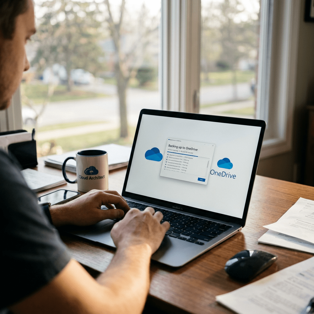 Laptop screen showing OneDrive backup progress dialog